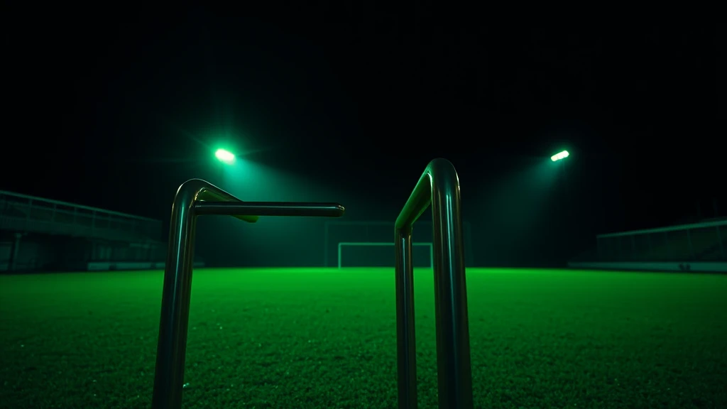 A steel turnstile arm with a dark concourse behind